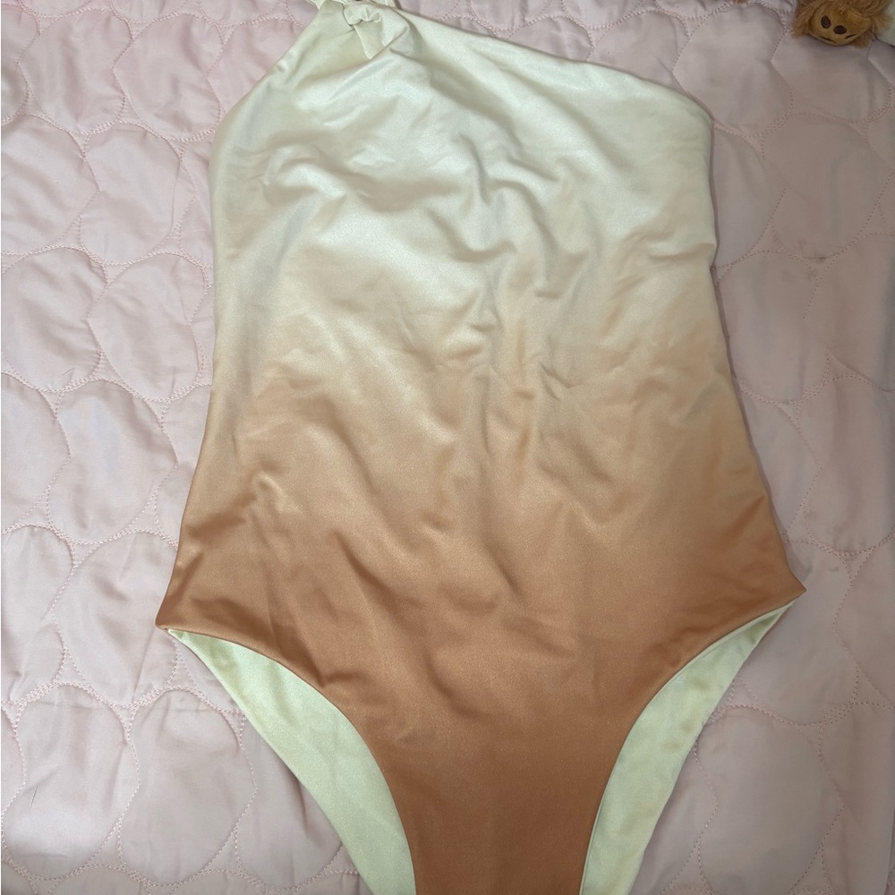 Elegant Cream and Tan One-Shoulder Swimsuit